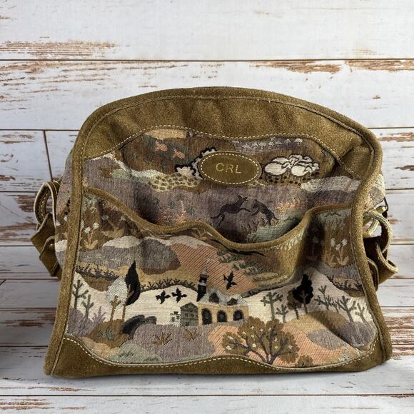 1970s The French Co Unicorn Countryside Vintage Suede and Tapestry Travel Bag - Picture 1 of 9